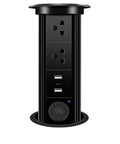 Smooth Motorized Flip Up Desk Outlet With Retractable Power Socket And Integrated USB Charging Ports sleek black design with multiple outlets.