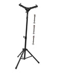 Straight Up Adjustable Height Alloy Snare Stand With Folding Practice Pad Rack showing black alloy frame and height adjustment features.