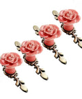 Ceramic Rose Cabinet Knobs With Bronze Backplates In Cute Pink Vintage Flower Drawer Pull Handles For Dresser Cupboard Wardrobe Includes Mounting Screws 4 Pack arranged in a row