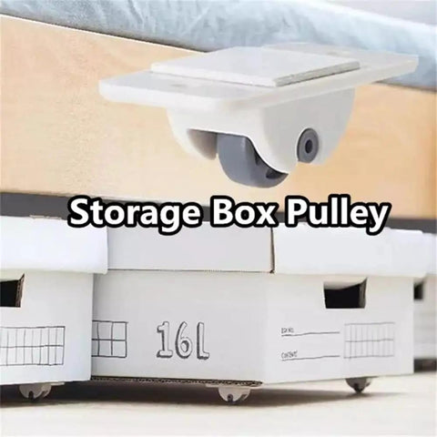 Four Pack Self Adhesive Directional Caster Wheels For Kitchen Cabinets Drawer Units And Storage Bins Hella Smooth Ball Bearings attached to a storage box.