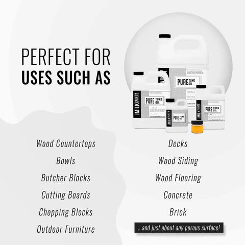 Pure Tung Oil For Wood Finishing Top Notch Waterproof Sealant For Cutting Boards, Butcher Blocks, Countertops, outdoor furniture displayed