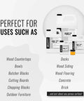 Pure tung oil bottles with text highlighting uses on wood countertops, bowls, butcher blocks, furniture, floors, and more surfaces.