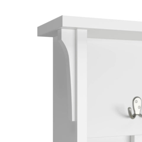Close-up of the corner and hook detail on Salinas Hall Tree With Shoe Storage Bench In Shiplap Gray And Pure White Workhorse All In One Entryway Organizer