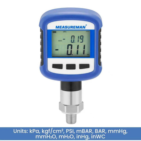 MEASUREMAN digital industrial pressure gauge with blue housing, LCD display, 1/4'' NPT stainless connection