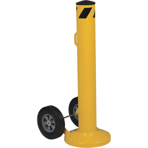 Heavy Duty Movable Safety Bollard With Durable Casters For Warehouse Workshop Protection 42 Inch Tall, yellow with black stripes.