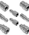 3/8-inch quick-connect fittings kit: eight metal pressure-washer fittings with male and female threads