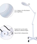 5X LED Magnifying Floor Lamp on rolling stand with adjustable arm and large lens for salon beauty workstations, close-up of features