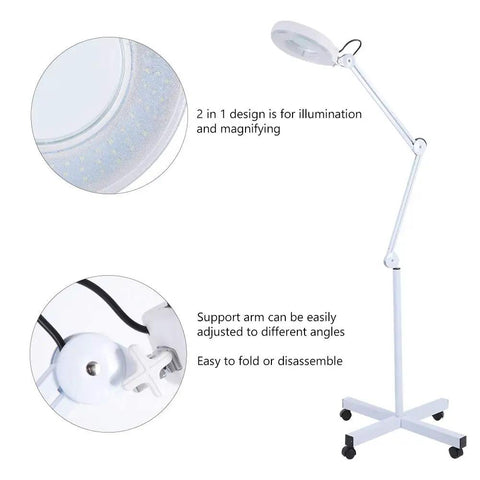 5X LED Magnifying Floor Lamp on rolling stand with adjustable arm and large lens for salon beauty workstations, close-up of features
