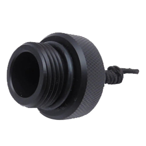Black DIN Tank Valve Dust Plug Cap Protector End Cap With Cord For Scuba Diving Regulator, threaded, size 33x25mm, durable material.