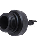 Close-up of black threaded Scuba Diving DIN Tank Valve Cover And Regulator Plug End Cap Protector with Cord, POM material