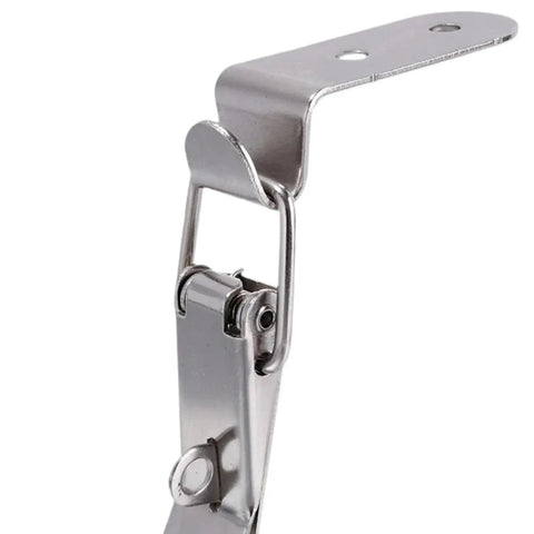 Close-up of Beefy Toggle Latch Lock Kit Six Pack Right Angle Hook Lock with Spring Loaded Clasp in metal for boxes and drawers.