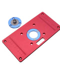 Heavy Duty Aluminum Router Table Insert Plate With Fast Align Center Bushing For Woodwork Stations, showing red plate and blue bushing