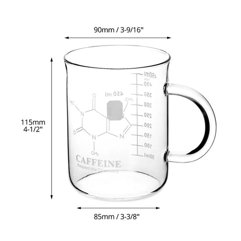 2 Pack 16 Oz Caffeine Beaker Mug Set, Borosilicate Glass Chemistry Themed Coffee Mugs For Science Nerds And Teachers, shown with measurements
