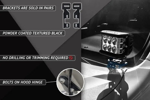 Premium Steel Ditch Light Brackets For 2005-2017 Nissan Xterra And Frontier Led Auxiliary Mount with ditch light mounted on hood hinge.