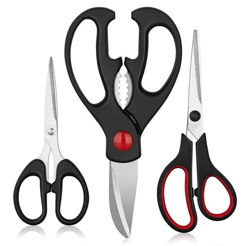 Boss All Purpose Kitchen Scissors 3 Pack Set For Poultry Fish And Vegetables Stainless Steel Sharp Shears with black and red handles