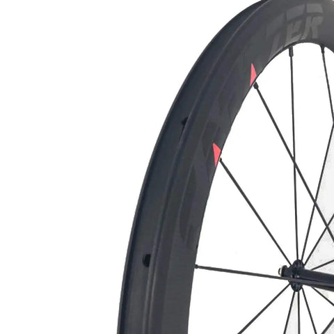 Close-up of 50mm deep carbon rim with basalt brake surface, part of the Carbon Road Bicycle Wheelset Clincher 50mm Deep Rim Basalt Brake Surface 3K Weave