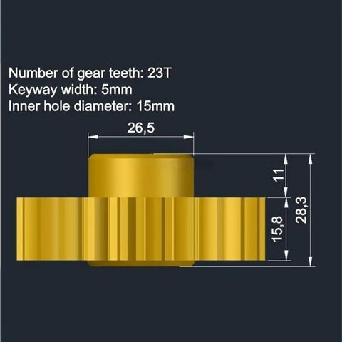 Copper Band Saw Gear 23T Transmission Gear For GFW5012 MBS115 15mm Hole 5mm Keyway side view dimensions diagram