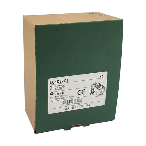 Box of Heavy Duty Non Reversing Contactor 32 Amp Three Pole 120 Volt AC Coil with auxiliary contact details visible