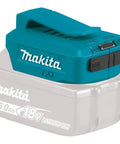 Front view of 18V LXT Cordless Power Source With Dual USB Ports, 4.2A Total Output, Portable On The Go Charger attached to battery