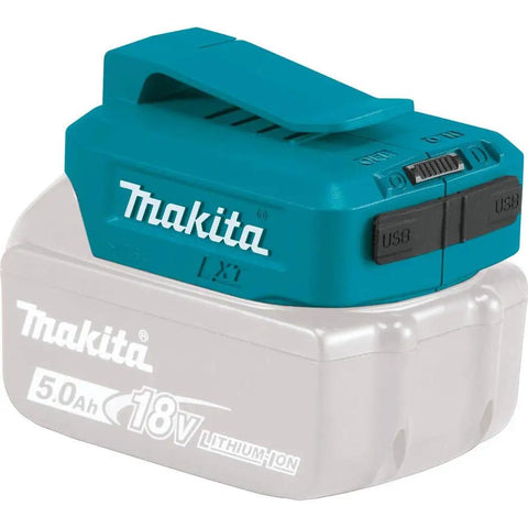 Front view of 18V LXT Cordless Power Source With Dual USB Ports, 4.2A Total Output, Portable On The Go Charger attached to battery