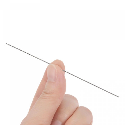 Hand holding a Five Pack 0.7mm Mini Micro Twist Drill Bit High Speed Steel Straight Shank Extra Long 100mm for aluminum work