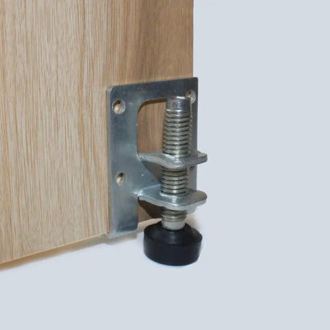 Heavy Duty Metal Leveling Feet Set Of 4 For Tables And Benches, adjustable stainless steel furniture levelers attached to wood.