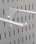Two-Piece White Metal Pegboard Hook Set With Extended Reach, 9 Inch Length, Heavy-Duty Tool Board Hooks, mounted on pegboard