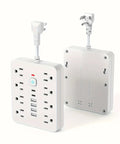 14 In 1 Power Strip With Surge Protection And One Touch Switch Wall Mountable Extension Cord For Office Home School Study US Plug 110 To 130 Volt Rectangle Power Supply With Overload Protection, front and back