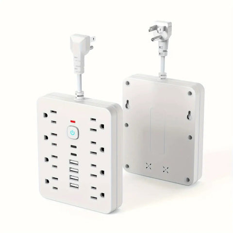 14 In 1 Power Strip With Surge Protection And One Touch Switch Wall Mountable Extension Cord For Office Home School Study US Plug 110 To 130 Volt Rectangle Power Supply With Overload Protection, front and back