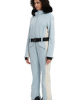 Women Slim Fit One Piece Ski Suit Insulated Snow Jumpsuit Waterproof Windproof Winter Sports Gear Warm Light Blue Size S For Snowboarders And Skiers All Weather Winter Wear, showing side zip pockets and detachable fur hood