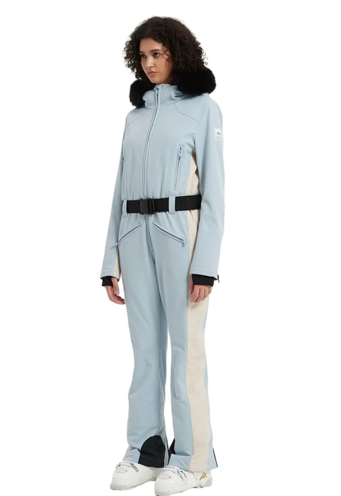 Women Slim Fit One Piece Ski Suit Insulated Snow Jumpsuit Waterproof Windproof Winter Sports Gear Warm Light Blue Size S For Snowboarders And Skiers All Weather Winter Wear, showing side zip pockets and detachable fur hood