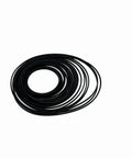 48 Pcs Pulley Belts For RC Cars And Robots, Rubber Transmission Drive Belts shown coiled, focusing on 28 black belts, diameters 25mm and 38mm