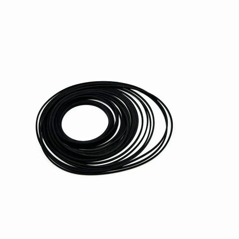 48 Pcs Pulley Belts For RC Cars And Robots, Rubber Transmission Drive Belts shown coiled, focusing on 28 black belts, diameters 25mm and 38mm