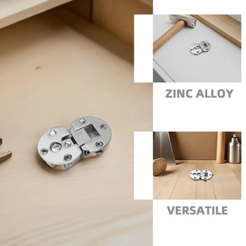 Concealed Cabinet Door Hinges 4-Pack shown in zinc alloy, demonstrating flush-mount installation and versatility.
