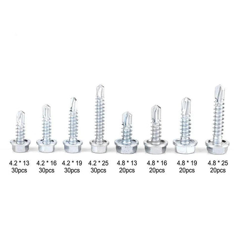 All In One Self Tapping Screw Kit 200 Piece showing eight sizes of zinc iron screws in a row