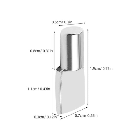 Close-up of 80 Pack 5mm Shelf Pegs Spoon Shape Iron Cabinet Pegs with measurements, nickel-plated bracket for stability.