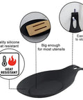 Black piece of Three Piece Silicone Spoon Rest Set For Stove Top And Kitchen Counter, Heat Resistant Utensil Holder