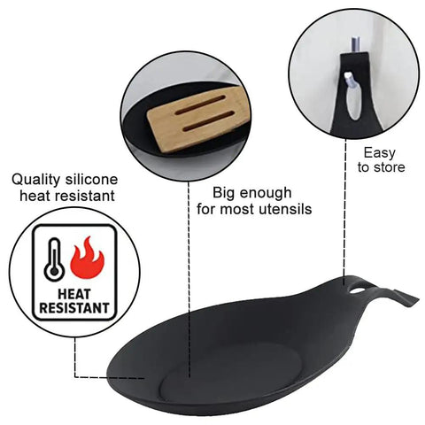 Black piece of Three Piece Silicone Spoon Rest Set For Stove Top And Kitchen Counter, Heat Resistant Utensil Holder
