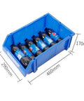 Heavy Duty Parts Rack With 48 Compartments Blue Floor Standing Tool Organizer For Garage Modular Bin Setup with bottles.