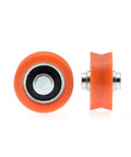 5 Pc Heavy Duty Nylon V Groove Roller Sliding Gate Caster Rolls Smooth With Rock Solid Steel Bearing Sleek Track Pulley System, orange wheel view.
