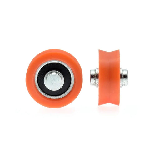 5 Pc Heavy Duty Nylon V Groove Roller Sliding Gate Caster Rolls Smooth With Rock Solid Steel Bearing Sleek Track Pulley System, orange wheel view.