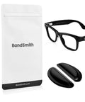 Soft Silicone Eyeglass Nose Pads For Wayfarer And Meta Glasses 8 Pairs No Slip Replacement With Sticky Backing Fits RW4006 4008 Gen 2 RW4012 53mm And 50mm Black shown with glasses and packaging.