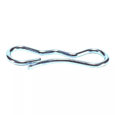 Close-up of a metallic spring clip from Locking Cotter Pin Set 80 Piece Tie Cotter Pins For Trailers Lawn Mowers Automotive Machinery Garden Tools Outdoor Power Equipment Easy Install Secure Lock Versatile Fit Spring Clip Design Durable
