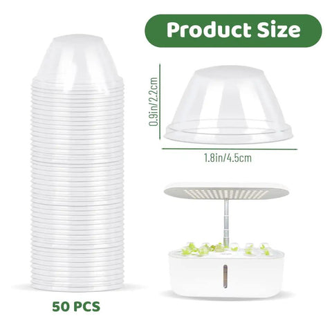 Clear As Day See Through 50 Pack 4cm Inner Diameter Grow Domes with product size dimensions for hydroponics and greenhouses.