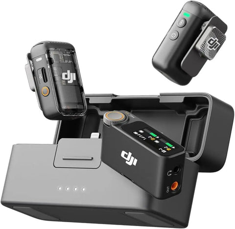 Wireless Lavalier Mic Kit With 2 Transmitters And 1 Receiver Charging Case Noise Canceling 820 Ft Range Plug And Play For iPhone Android And Cameras Bundle With 2 Omnidirectional Condenser Lavalier Mics viewed from above showing charging case with OLED display and two transmitters.