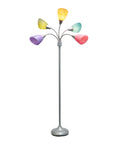 67 Inch Contemporary Medusa Five Light Adjustable Gooseneck Floor Lamp With Silver Finish And Colorful Shades In Green Lilac Coral Teal Pink