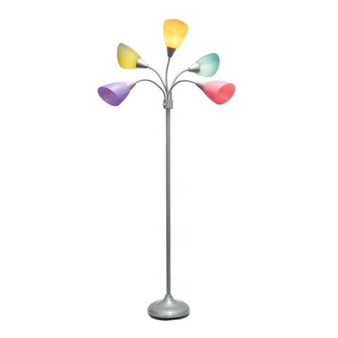 67 Inch Contemporary Medusa Five Light Adjustable Gooseneck Floor Lamp With Silver Finish And Colorful Shades In Green Lilac Coral Teal Pink