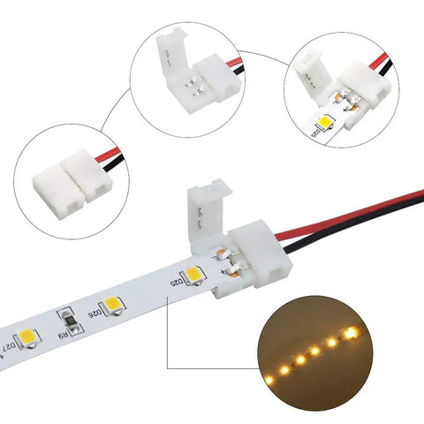 10 Pack 2 Pin Solderless LED Strip Connectors For 8mm Wide 3528 2835 Single Color Flex Strips With Snap Down Conductors