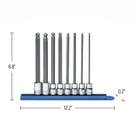 8 Piece Three Eighths Inch Drive Beefy Long Ball End Hex Socket Set Metric Long Reach Bits In Sturdy S2 Steel Includes 3mm Through 9mm With 6 Inch Overall Length For Tight Spots And Hard To Reach Fasteners displayed on holder