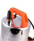 Close-up of the DC 12V Solar Submersible Water Pump 130W, 1 Inch Outlet, Stainless Steel Well Booster with orange handle.